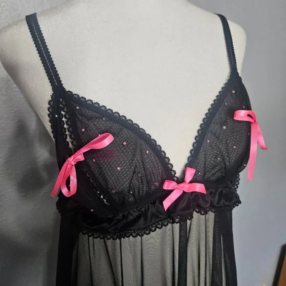 Victoria's Secret Sexy Little Things Babydoll SZ Large Black Sheer Rhinestones - Picture 7 of 14